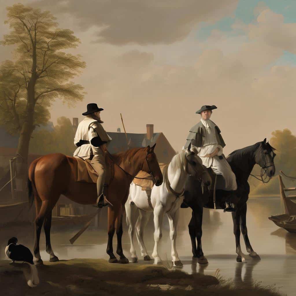 Ανθρώπινοι ιππείς στην ύπαιθρο, απομάκρυνση και πνευματικότητα, ιστορική εικόνα με αρμονία και ηρεμία.